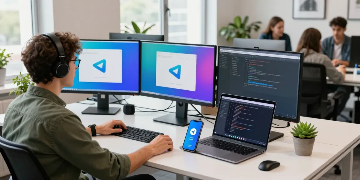 Download Telegram on multiple screens in a modern office setup, showcasing vibrant interface and productivity.