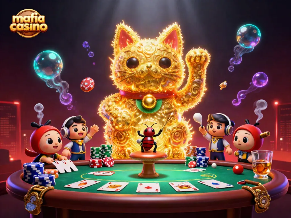 Engage in the mafia casino adventure with a colorful and dynamic illustration of casino elements and lucky symbols.