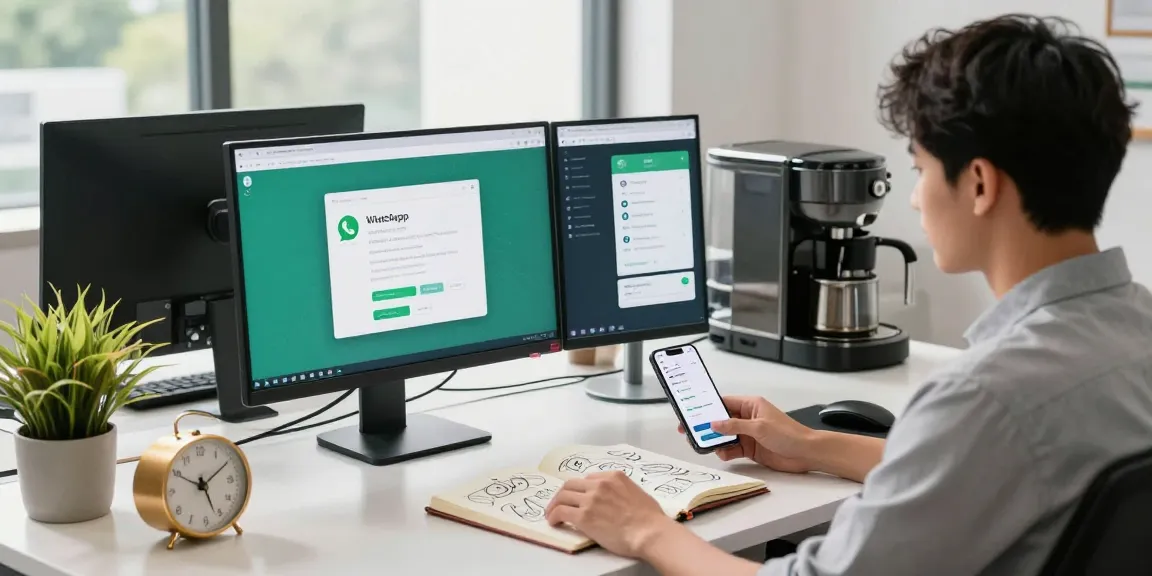 Modern workspace showcasing WhatsApp網頁版 on dual monitors with a stylish setup.