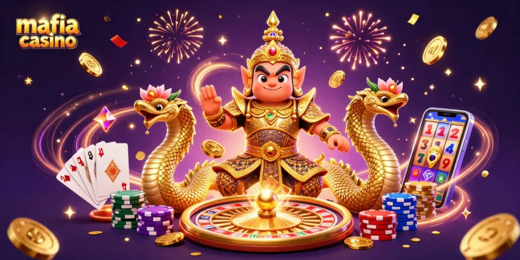 Join the thrilling action of mafia casino with vibrant games, cascading coins, and a casino guardian.
