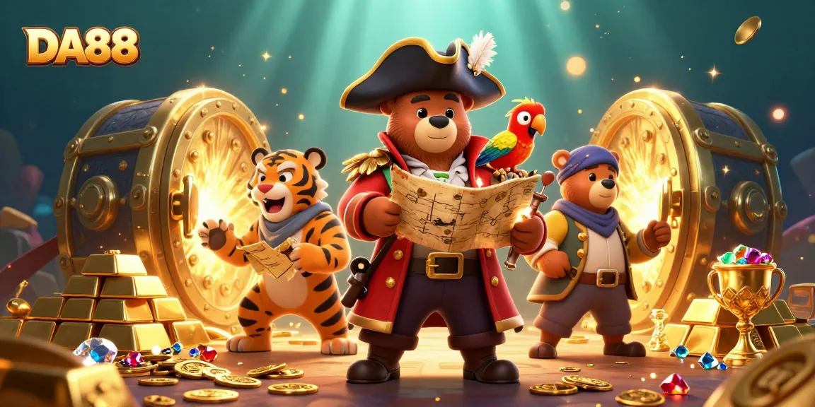 Engage with DA88's thrilling pirate-themed casino scene featuring treasures and adventure.