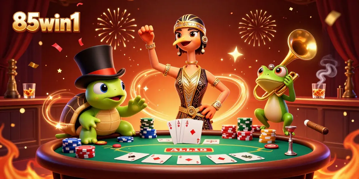 Engage with 85win1's casino adventure featuring vibrant 3D characters and poker action at a lively speakeasy.