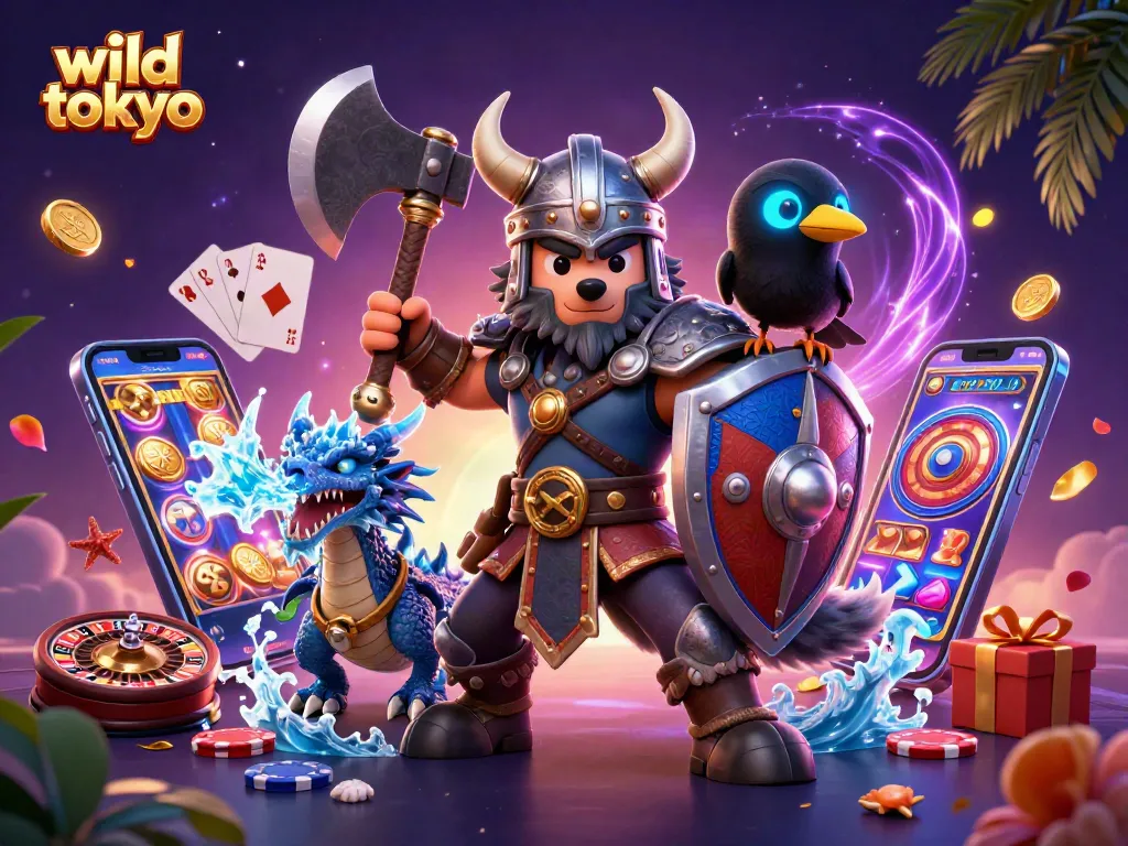 Engage with wild tokyo's vibrant casino games in this dynamic 3D illustration featuring playful characters.