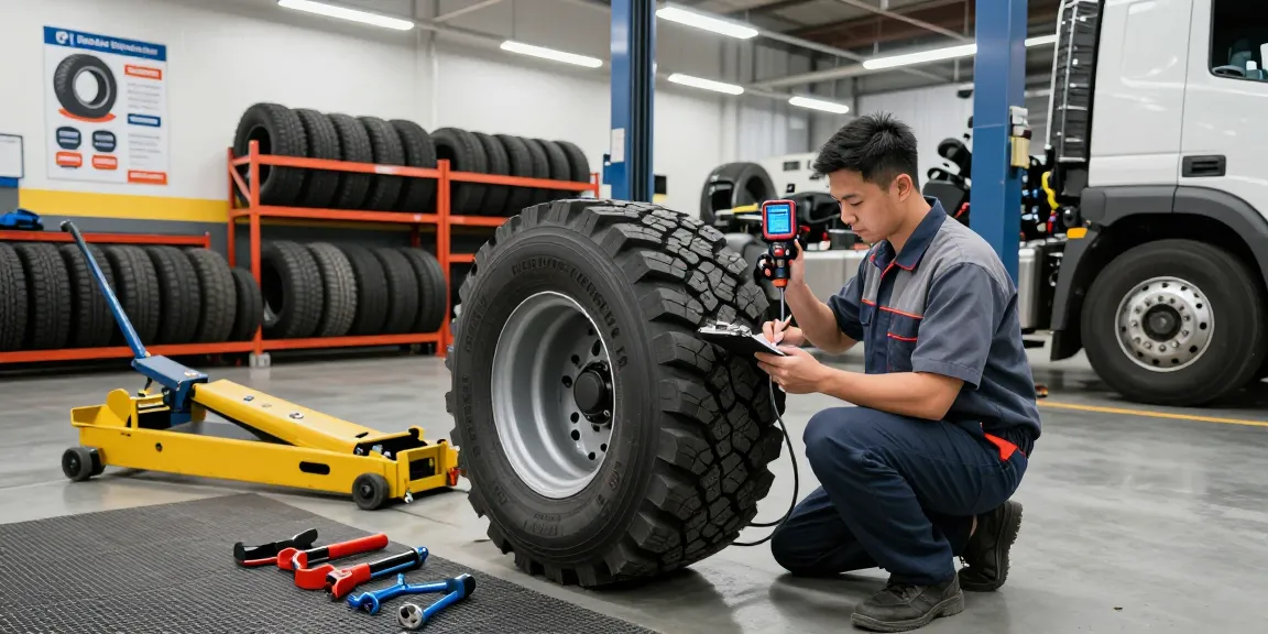 Technician examining Double Coin RR99 tires in a busy automotive workshop setting