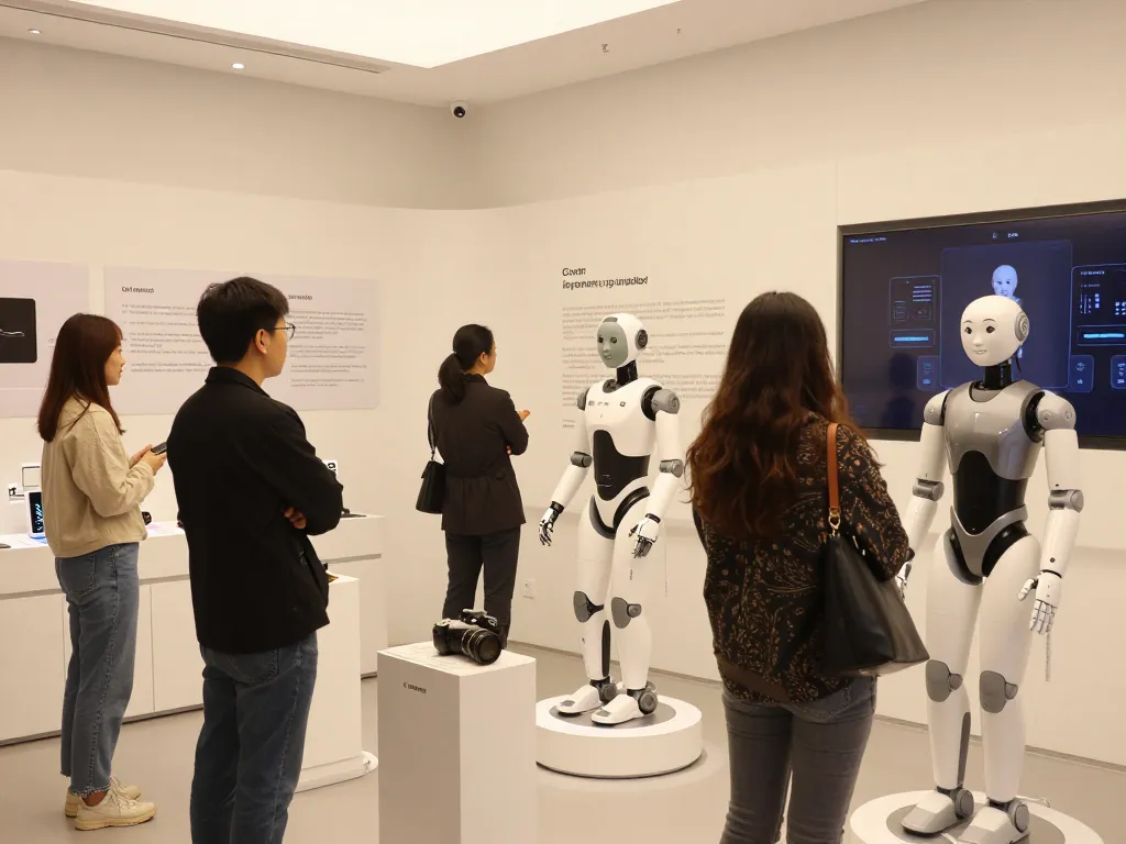Interactive display of advanced sex bots in a modern tech showroom, showcasing innovative features and AI capabilities.
