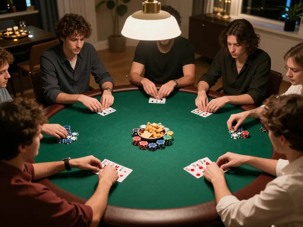 Players engaging in a heated poker game at home, showcasing the excitement of 99ok while analyzing their cards.
