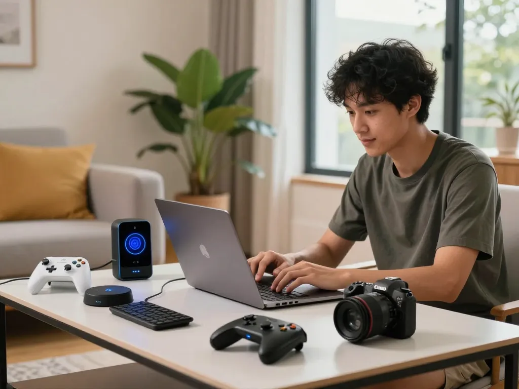 Affordable tech gadgets showcased in a cozy apartment setting with a Bluetooth controller and wireless keyboard.
