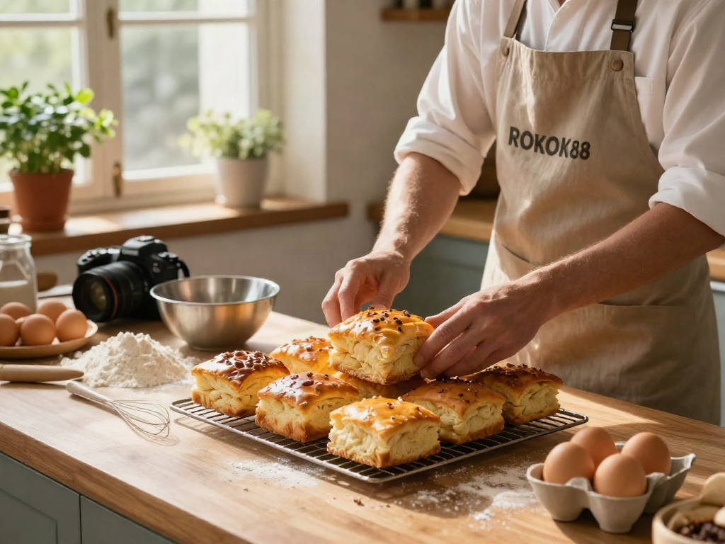 Freshly baked ROKOK88 bolu bakar showcased in a warm bakery with natural light.