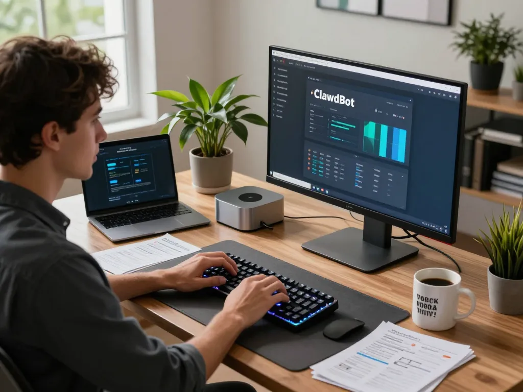 Engaging workspace with Mac mini running ClawdBot, showcasing productivity and automation.