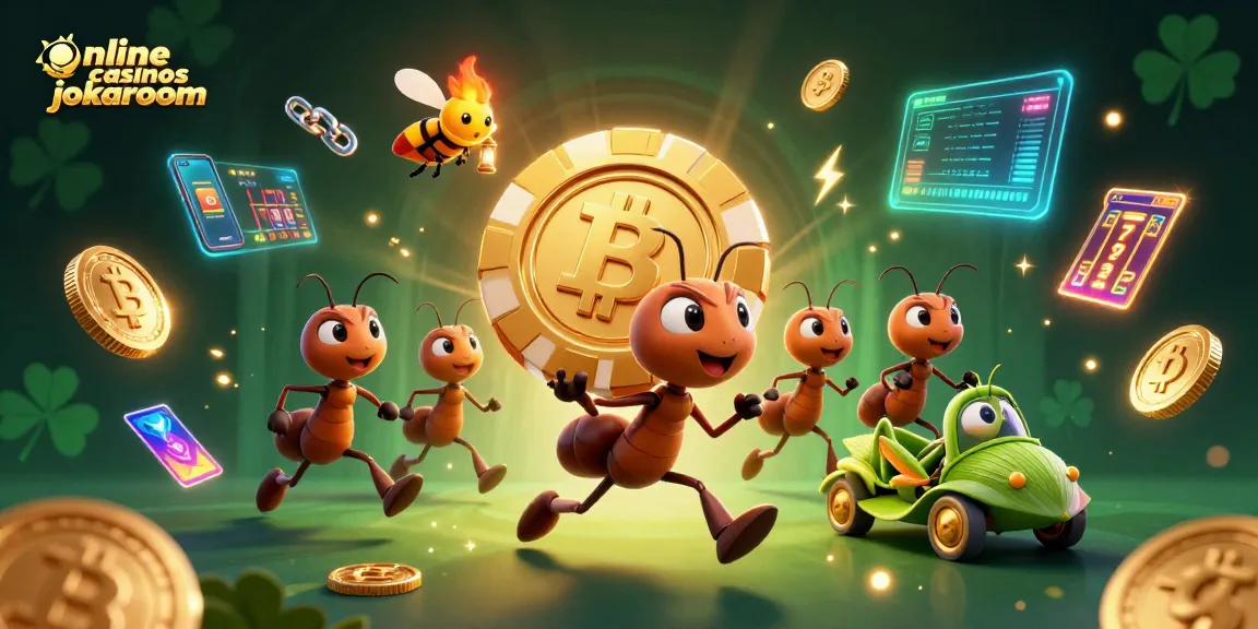 Engaging scene illustrating online casinos jokaroom with ants carrying a golden poker chip and crypto elements.