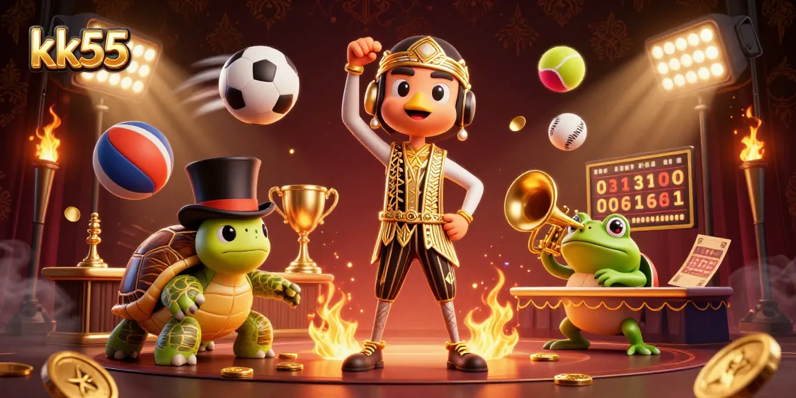 kk55 captures the excitement of gambling with vibrant characters and dynamic sports elements adorning a lively scene.