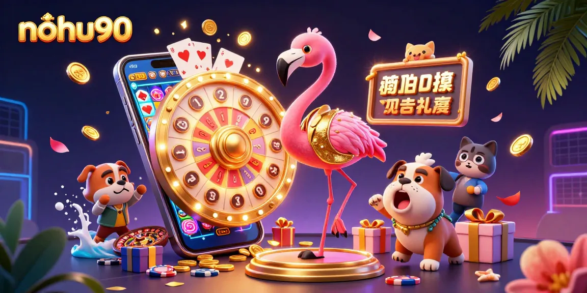 Experience nohu90 excitement in this vibrant 3D illustration featuring a game show host and slot elements.