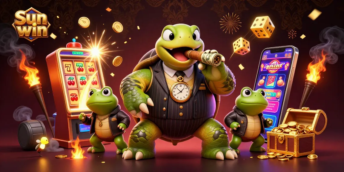 Experience excitement with Sun win's massive slot jackpots and characters in this dynamic casino scene.