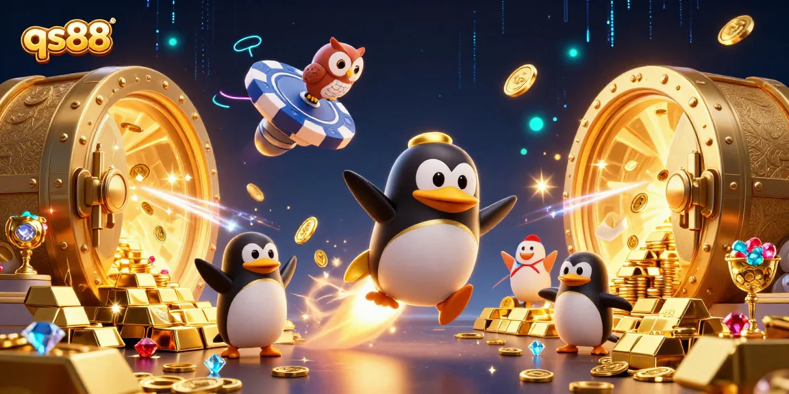 Experience thrilling action at qs88 with the penguin racing towards the casino under sparkling treasures.