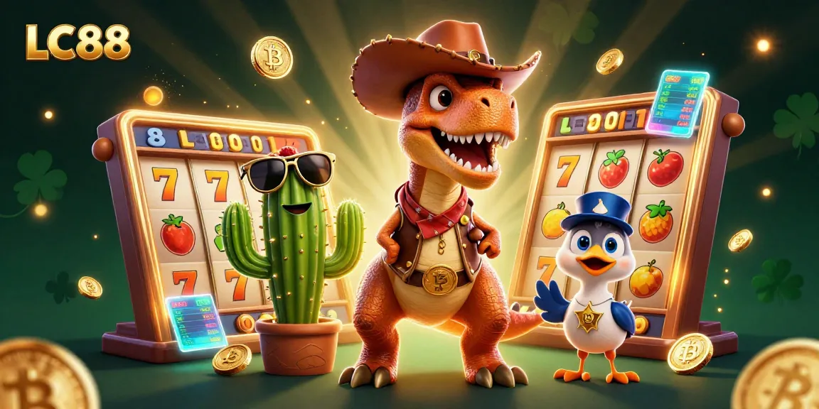 Experience LC88’s vibrant casino scene featuring a dinosaur, cactus, and roadrunner amidst slot elements.