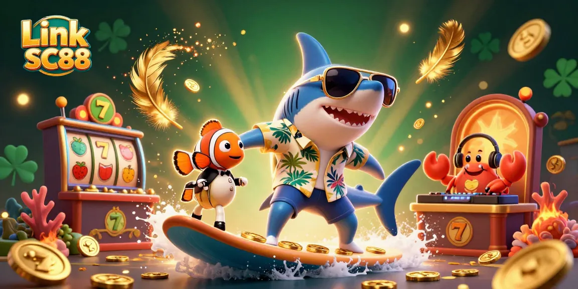 Surfing shark and friends celebrate gaming action in the vibrant Link SC88 casino scene.