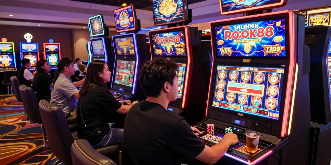 Exciting players at a casino engaging with the rokok88 slot login, vibrant atmosphere with colorful slot machines.