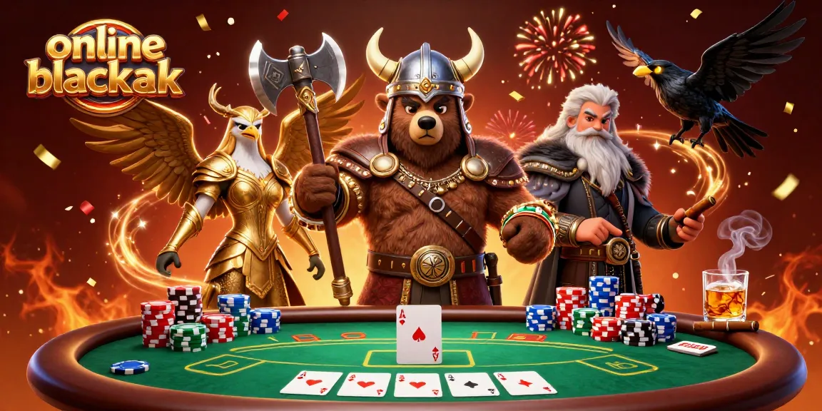 Play online blackjack with excitement as Viking characters battle at a colorful poker table.