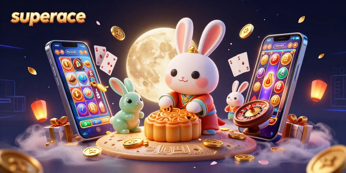 Play and win at superace with the moon rabbit and vibrant gaming elements illuminating the scene.